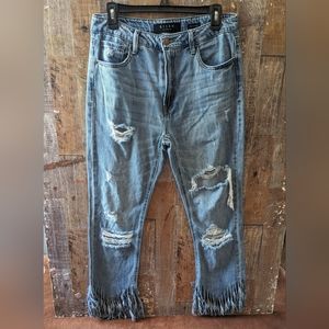 Risen Distressed Fringed Ankle Cropped Jeans
